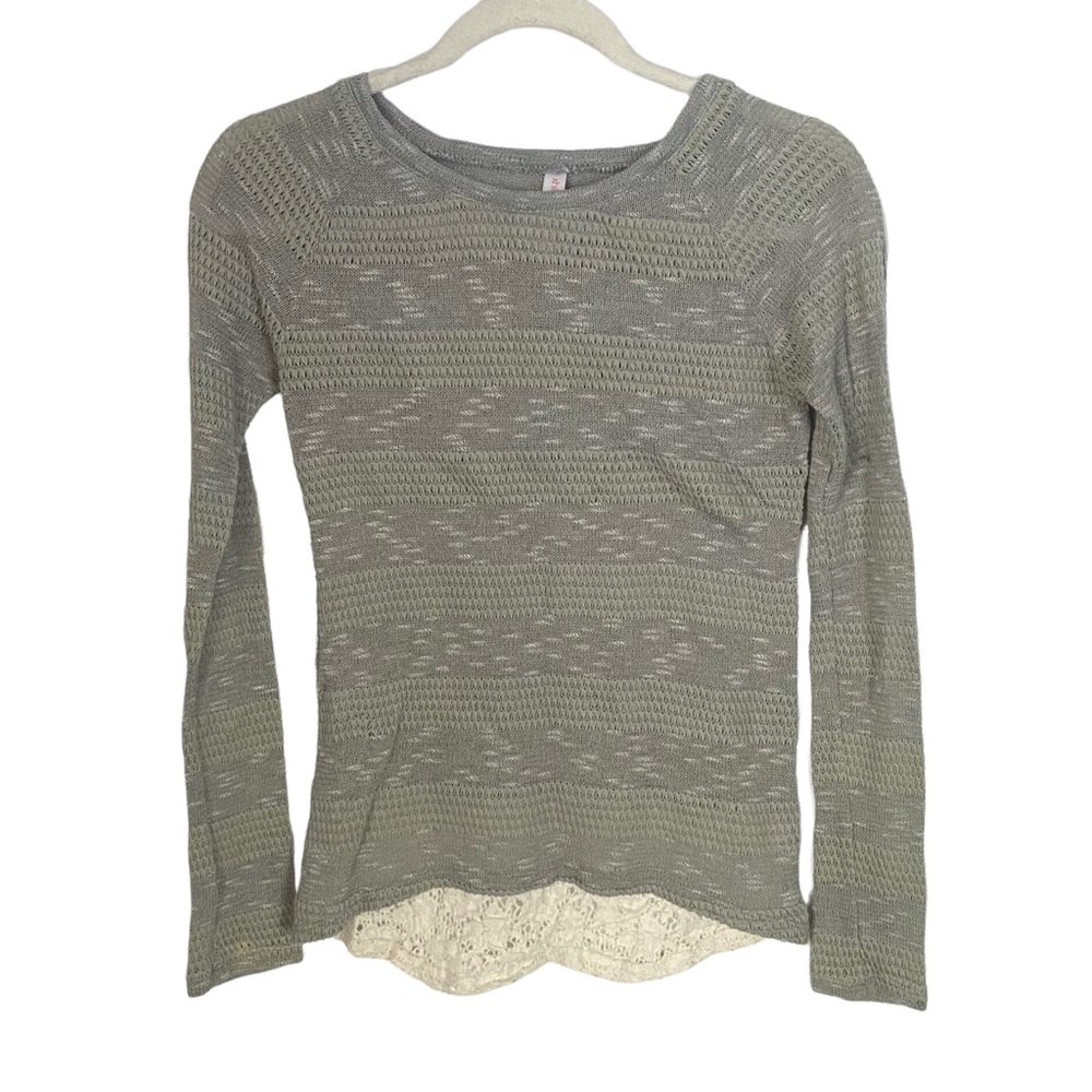 Xhilaration Juniors Sz S Open Knit Crochet Long Sleeve Top Shirt Gray Striped